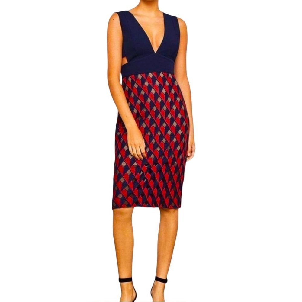 BCBG MaxAzria Rosalina Midi Dress Navy Red‎ Geometric Size 4 NWT